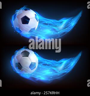 Flying soccer ball in blue fire isolated on black background. Vector realistic symbol of football in plasma flame with sparks. Template for poster, banner for the match of sport tournament. Realistic flying soccer ball in blue fire Stock Vector
