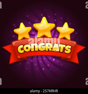 Congratulations game screen. Golden Congrats sign with three gold stars, casual games level up achievement screen cartoon vector illustration. Completed level with red ribbon and award for app. Congratulations game screen. Golden Congrats sign with three gold stars, casual games level up achievement screen cartoon vector illustration Stock Vector