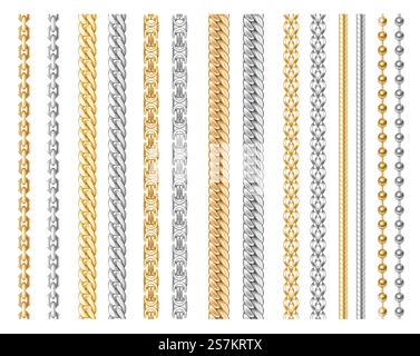 Metal chain realistic. Silver, gold, chrome chains elements for necklace or bracelet, luxury border, precious metal jewelry design set. 3d vector illustration. Metal chain realistic. Silver, gold, chrome chains elements for necklace or bracelet Stock Vector