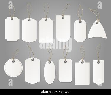 Craft tags. Hanging shop white label from paper different shapes with rope for shop isolated vector cardboard template set. Craft tags. Hanging shop white label from paper different shapes with rope for shop isolated vector template set Stock Vector