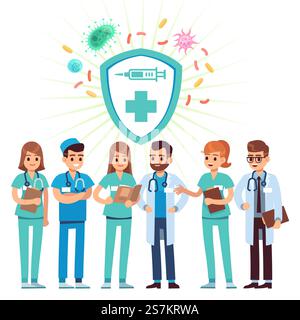 Doctors set. Medical staff male and female standing in uniform on the background of a shield with bacteria and viruses. Team doctor professional hospital cartoon isilated flat vector illlustration. Doctors set. Medical staff standing in uniform on the background of a shield with bacteria and viruses. Team doctor professional hospital. Cartoon flat vector illlustration Stock Vector