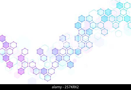 Abstract hexagonal molecular structure. Hexagons wave, geometric data backdrop and futuristic technical cell structures vector background illustration. Medicine molecular chromosome cell structure. Abstract hexagonal molecular structure. Hexagons wave, geometric data backdrop and futuristic technical cell structures vector background illustration Stock Vector