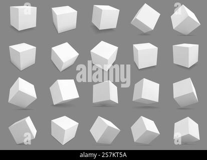 3d cubes. White blocks with different lighting and shadows, boxes in perspective. Abstract geometric square shapes vector distorted model structures render grey collection. 3d cubes. White blocks with different lighting and shadows, boxes in perspective. Abstract geometric square shapes vector collection Stock Vector