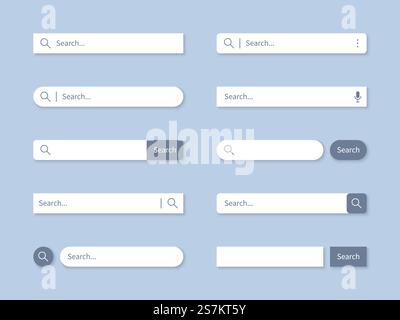 Search bar. Searching internet field, website ui bars with shadows and empty online search engine box with button vector computer address symbol of text web form templates. Search bar. Searching internet field, website bars with shadows and empty online search engine box with button vector templates Stock Vector