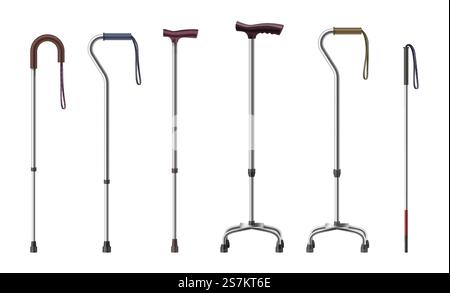 Realistic canes. 3d walking sticks and crutches. Medical supplies for old or injured disabled patient. Equipment for recovery and rehabilitation after accident. Vector illustration. Realistic canes. 3d walking sticks and crutches. Medical supplies for old injured disabled patient Stock Vector