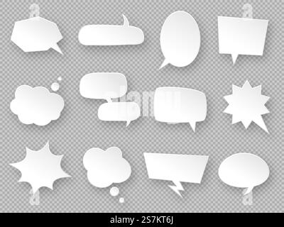 Thought balloons. Paper speech bubbles, white communication messages clouds, dream tag, discussion labels, blank dialog chats vector set in different shapes oval, rectangular, cloud. Thought balloons. Paper speech bubbles, white communication messages clouds, dream tag, discussion labels, blank dialog chats vector set Stock Vector