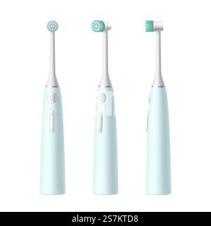 Electric toothbrush from different sides isolated on white background, electrical tooth brush 3d set. Dental tool for oral hygiene. Realistic vector illustration. Electric toothbrush from different sides isolated on white background, electrical tooth brush Stock Vector