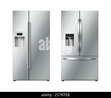Realistic refrigerator with double doors set. Modern two chambered fridge appliance for food storage. Chrome kitchen coolers isolated. 3d vector illustration. Realistic refrigerator with double doors set. Modern two chambered fridge appliance Stock Vector