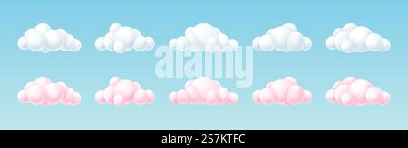Set of 3d white and pink clouds with round geometricl shapes isolated on blue background. Cute cartoon cloudscape design. Vector illustration. Set of 3d white and pink clouds with round geometricl shapes isolated on blue background Stock Vector