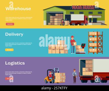 Logistic warehouse horizontal banners. Logistic transportation and forklift equipment, delivery by truck loader with boxes, isolated vector flat cartoon characters. Logistic warehouse horizontal banners. Logistic transportation and forklift, delivery by truck loader with boxes, isolated vector flat cartoon characters Stock Vector