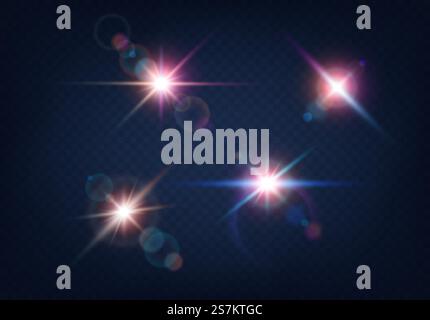 Light flare bright colorful effect on blue background. Optical lens glowing flashlight set. Glowing camera flash realistic sparkles. Vector illustration. Light flare bright colorful effect on blue background. Optical lens glowing flashlight set Stock Vector