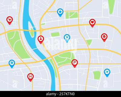 City map with pins. Gps navigation route with pointers, locating roads and residential blocks, geo travel internet service vector concept. Infrastructure with hospital, airport, home icons. City map with pins. Gps navigation route with pointers, locating roads and residential blocks, geo travel internet service vector concept Stock Vector