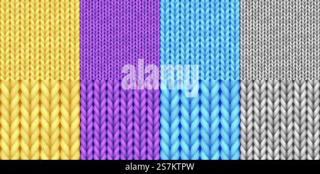 Set of realistic seamless knitted pattern. Merino wool, yarn texture for background, wallpaper, wrapping paper, web page backdrop, winter design. 3d vector illustration. Set of realistic seamless knitted pattern. Merino wool, yarn texture for background, wallpaper Stock Vector