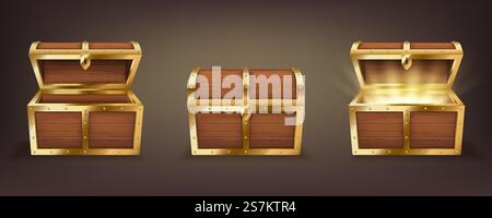 Set of wooden chests with open and closed lid, full of shining golden coins and empty. Pirate treasure, 3d vintage coffers collection isolated on dark background. Realistic vector illustration. Set of wooden chests with open and closed lid, full of shining golden coins and empty realistic Stock Vector