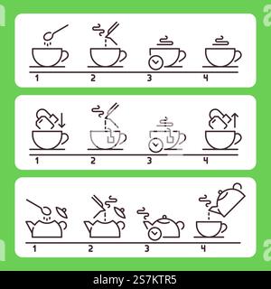 Brewing tea instruction. Preparing green or black hot drink with bag. Beverage preparation guideline or tutorial. Steps to cook tea in using pot and kettle with boiled water vector illustration. Brewing tea instruction. Preparing green or black hot drink with bag. Beverage preparation guideline Stock Vector