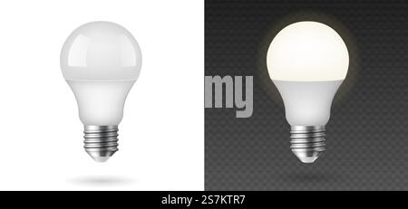 LED light emitting diode energy saving light bulb isolated on template background. Glowing fluorescent light bulbs. 3d vector illustration. LED light emitting diode energy saving light bulb isolated on template background Stock Vector