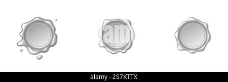 Silver seal wax stamps set on white background. Retro stamps, protection and certification, guarantee and quality mark. Vintage vector illustration. Silver seal wax stamps set on white background. Retro stamps, protection, certification marks Stock Vector