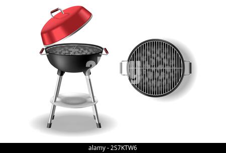 Barbecue grill equipment for frying meat. BBQ with opened cap, metallic appliance for cooking food on picnic. Realistic grilling accessory for cook on flame. 3d vector Illustration. Barbecue grill equipment for frying meat. BBQ with opened cap, metallic appliance for cooking food Stock Vector