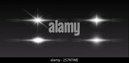 Glowing light effects. Sparkling and shining stars, bright flashes of lights with radiating. Transparent light effects isolated on black background. Vector illustration. Glowing light effects. Sparkling and shining stars, bright flashes of lights with radiating Stock Vector