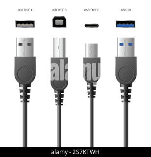 Realistic usb cable connectors, smartphone chargers set with modern types of plugs and sockets for computer connection and charge. 3d vector illustration. Realistic usb cable connectors, smartphone chargers set with modern types of plugs and sockets Stock Vector
