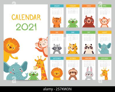 Animals calendar 2021. Cute monthly calendar with different animals, funny woodland and savanna characters, childrens poster vector almanac. Lion and elephant, monkey and giraffe, frog and raccoon. Animals calendar 2021. Cute monthly calendar with different animals, funny woodland and savanna characters, childrens poster vector almanac Stock Vector