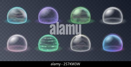 Bubble shields, protection force fields. Realistic set of safety energy barrier, security defense in transparent sphere isolated on grid background. Vector illustration. Bubble shields, protection force fields. Realistic set of safety energy barrier, defense spheres Stock Vector