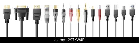 Usb types ports, cables set with realistic connectors and chargers. Different computer cables for gadget connection, charging and data transfer. 3d vector illustration. Usb types ports set with connectors and chargers. Different computer cables for gadget connection Stock Vector
