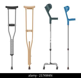 Set of crutches. Elbow, telescopic metal, wooden handicapped canes for patients walking. Medical equipment for rehabilitation of people with diseases of musculoskeletal system. Vector illustration. Set of crutches: elbow, telescopic metal, wooden canes. Medical equipment for rehabilitation Stock Vector