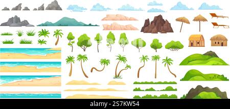 Beach landscape constructor. Sandy beaches, tropical palms, mountains and hills. Ocean horizon, clouds and green trees cartoon vector illustration set. Nature beach landscape constructor. Beach landscape constructor. Sandy beaches, tropical palms, mountains and hills. Ocean horizon, clouds and green trees cartoon vector illustration set Stock Vector