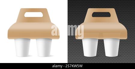 Mockup of paper cups in cardboard holder for carrying. Template mugs for hot beverages editable for branding. 3d rendering realistic design. Vector illustration. Mockup of paper cups in cardboard holder for carrying. Template mugs for hot beverages Stock Vector