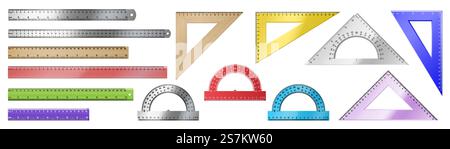 Set of realistic measuring tool: triangular rulers, simple rulers, protractors on white background. School supplies collection. 3d vector illustration. Set of realistic measuring tool: triangular rulers, simple rulers, protractors on white background Stock Vector