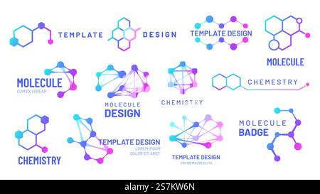 Molecule logos. Chemistry and science logotype with hexagonal structure and molecular grids templates. Biological model, dna molecule connection isolated on white vector illustration. Molecule logos. Chemistry and science logotype with hexagonal structure and molecular grids templates Stock Vector