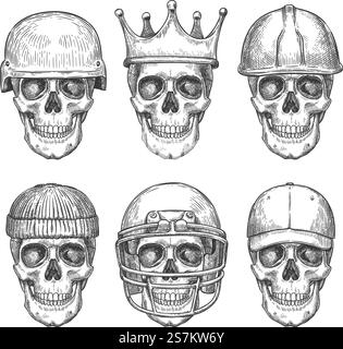 Skull in hats. Dead head characters with crown, baseball cap and helmets monochrome drawing art print for shirt design or tattoo vector set. Scary elements with different headdress isolated on white. Skull in hats. Dead head characters with crown, baseball cap and helmets monochrome drawing art print for shirt design or tattoo vector set Stock Vector