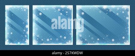 Frozen glass frames with snowflakes. Winter window border set with snow frost and ice effect isolated on transparent background. Christmas and new year holidays vector illustration. Frozen glass frames with snowflakes. Winter window border set with snow frost and ice effect isolated on transparent background Stock Vector