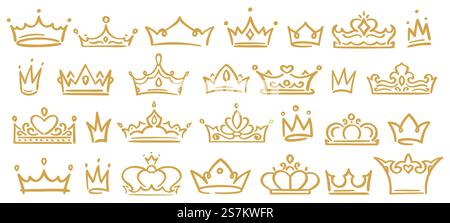 Gold sketch crowns, hand drown royal diadems for queen, princess, winner or champion. Crowns with various decoration, size and shape isolated on white background for logo, ad vector illustration. Gold sketch crowns, hand drown royal diadems for queen, princess, winner or champion. Crowns with decoration Stock Vector