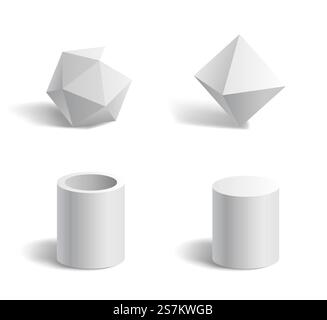Basic 3d geometric shapes: polygon, tube, cylinder white isolated templates with shadows. Geometry figures and forms set. Vector illustration. Basic 3d geometric shapes: polygon, tube, cylinder white isolated templates Stock Vector