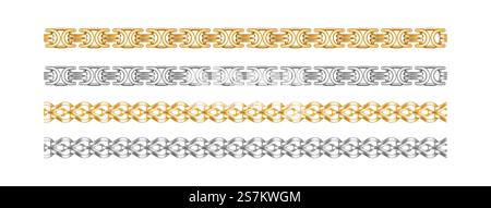 Seamless chain borders. Gold and silver chains elements expensive jewelry objects for necklaces and bracelet accessories isolated on white background. Vector illustration. Seamless chain borders. Gold and silver chains elements jewelry objects for necklaces and bracelet Stock Vector