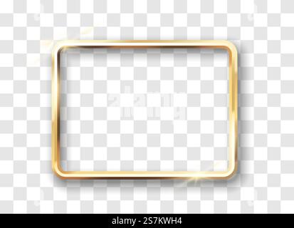 Glowing vintage gold frame with isolated on transparent background. Rectangular border with lights effects. Golden luxury realistic rectangle glossy decoration. 3d vector illustration. Glowing vintage gold frame with isolated on transparent. Rectangular border with lights effects Stock Vector