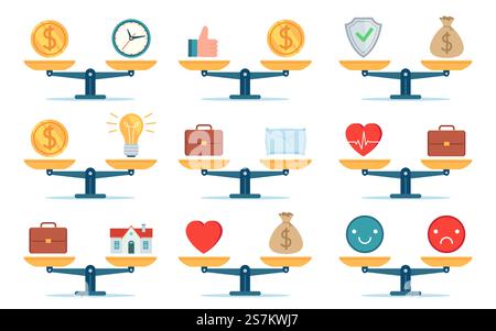 Scales work balance. Time is money, home and business, job and family life, price and idea comparison. Flat icon choice concept vector set. Illustration scale balance, idea and home life, job and time. Scales work balance. Time is money, home and business, job and family life, price and idea comparison. Flat icon choice concept vector set Stock Vector