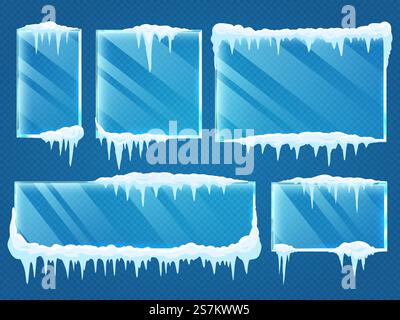 Glass frames with snow caps. Frozen winter window border with ice and frost isolated on transparent background. Frame of different shape as square and rectangle vector illustration. Glass frames with snow caps. Frozen winter window border with ice and frost isolated on transparent background Stock Vector