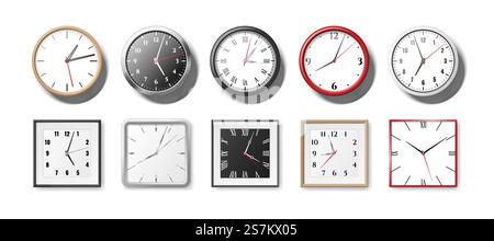 Set of realistic clocks and watches for office. Wall clocks round and square quartz clockwises. Modern 3d watches with white and black clock faces. Vector illustration. Set of realistic clocks and watches for office. Wall clocks round and square quartz clockwises Stock Vector