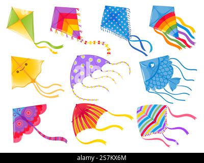 Cartoon kites. Wind flying toy with ribbon and tail for kids. Makar Sankranti. Butterfly, fish and rainbow kite shape and design, vector set. Illustration wind kite game, summer flying toy. Cartoon kites. Wind flying toy with ribbon and tail for kids. Makar Sankranti. Butterfly, fish and rainbow kite shape and design, vector set Stock Vector