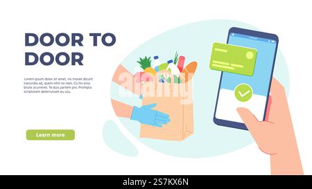 Grocery delivery. Online order from supermarket. Courier hand in gloves holds paper bag with food. Quarantine safe delivering vector concept. Illustration supermarket delivery service, grocery online. Grocery delivery. Online order from supermarket. Courier hand in gloves holds paper bag with food. Quarantine safe delivering vector concept Stock Vector