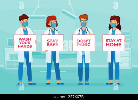 Doctors holding banners stay safe. Doctor in mask hold advices wash hands and stay at home, healthcare message signage, vector illustration. Doctors holding banners with text stay safe Stock Vector
