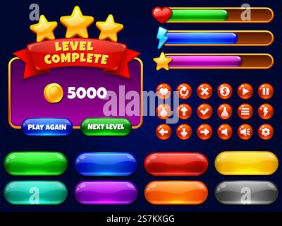 Game UI. Level complete menu with golden stars and buttons. Health bar, arrows and play button for mobile games interface vector illustration set. Ui menu, interface game level, loading level progress. Game UI. Level complete menu with golden stars and buttons. Health bar, arrows and play button for mobile games interface vector illustration set Stock Vector