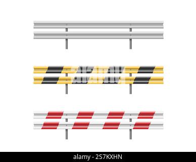 Metal road barriers set. Red, black, yellow and white traffic safety equipment. Metallic guarding rails isolated on white background. Roadside obstacles, 3d roadblocks. Vector illustration. Metal road barriers set. Red, black, yellow and white traffic safety equipment Stock Vector