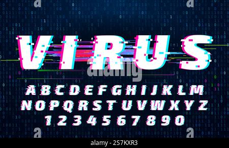 Glitch font. Letters and numbers with digital noise. Distorted alphabet typeset with tv signal glitches. Latin or english lettering in futuristic style. Trendy abc typeset vector illustration. Glitch font. Letters and numbers with digital noise. Distorted alphabet typeset with tv signal glitches Stock Vector
