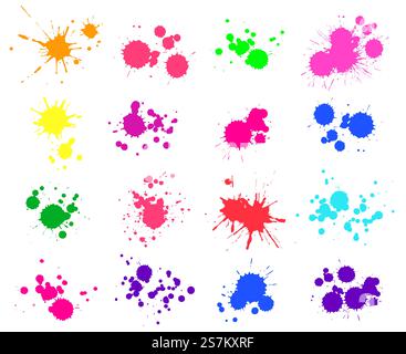 Color paint splatter. Bright ink stains and spray blots isolated on white. Spot or drop elements. Watercolor paint splashes collection, liquid colorful stains set vector illustration. Color paint splatter. Bright ink stains and spray blots isolated on white. Watercolor spaint, spot or drop elements Stock Vector