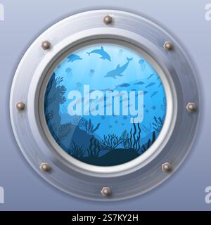 Submarine window view. Vector window view, porthole round from underwater boat illustration, fuselage rounded. Submarine window view. Porthole round from underwater Stock Vector
