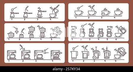 Brewing coffee instruction. Preparing hot beverage guideline, using equipment for making drink. Pouring liquid from cezve or pot, using coffee machine step tutorial vector illustration. Brewing coffee instruction. Preparing hot beverage guideline, using equipment for making drink. Pouring liquid Stock Vector
